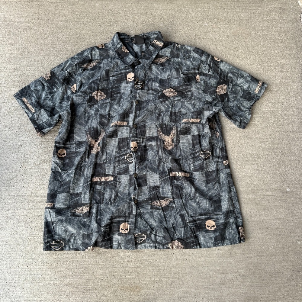 Harley-Davidson Mens Shirt Blue Black Skull Print Short Sleeve Button-Up 3XL